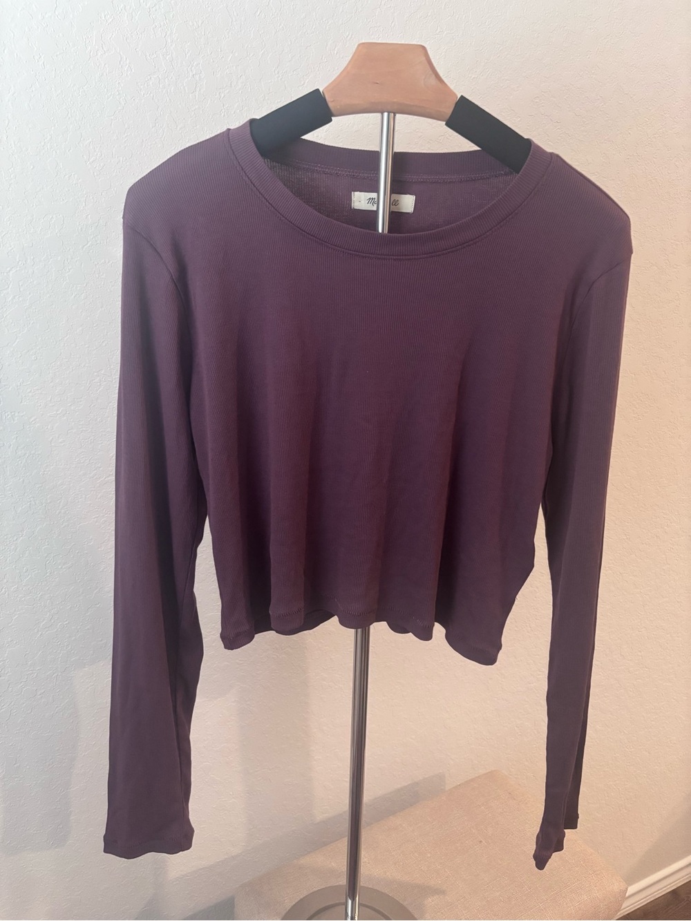 Madewell Fine Ribbed Supercrop Top Lg Muted Plum Long Sleeve Tencel Modal Crew
